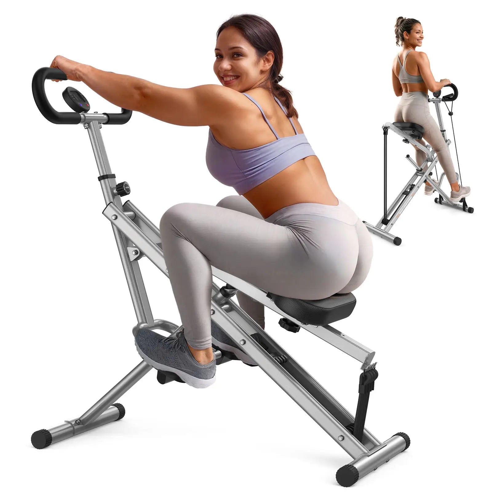 Woman exercising on a bike machine with additional views of her using the equipment.