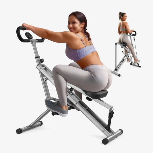 Woman exercising on a bike machine with additional views of her using the equipment.