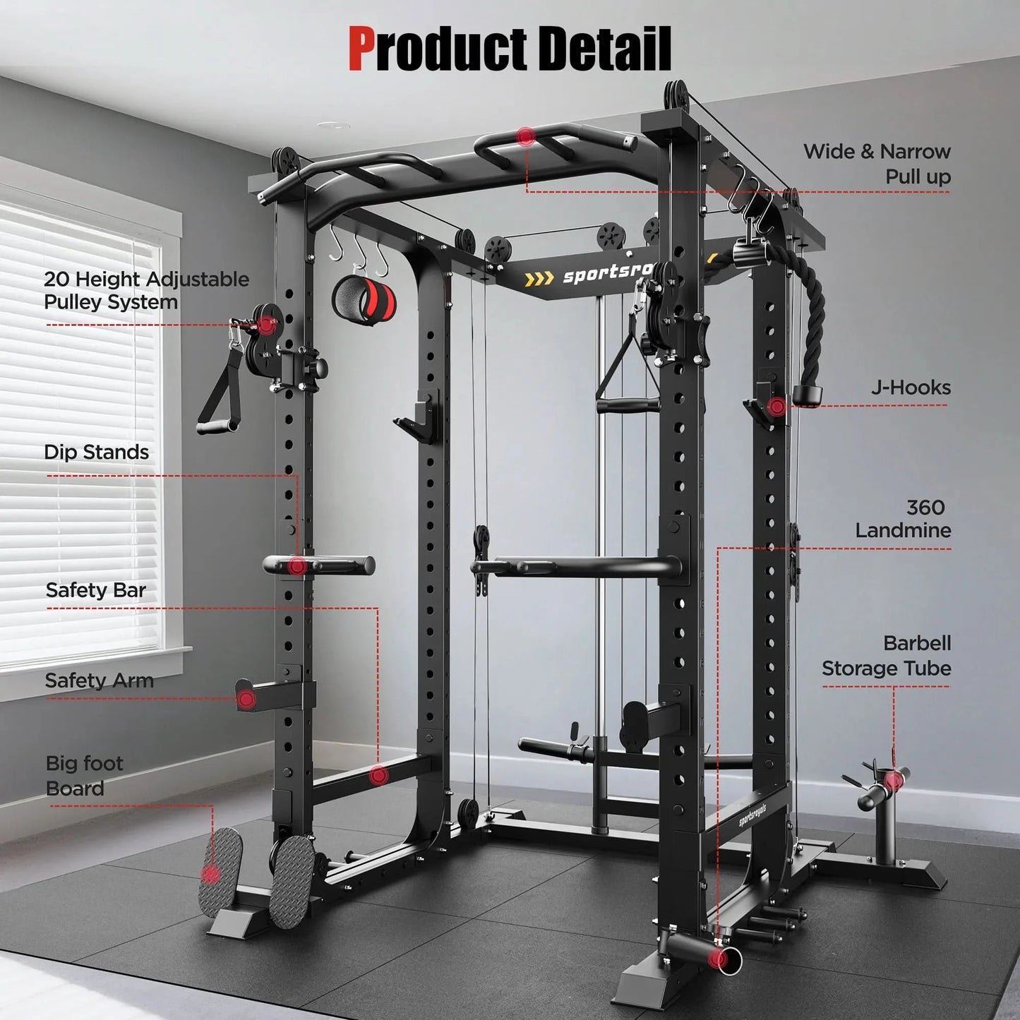 Gym power rack with labeled features in a home gym setting