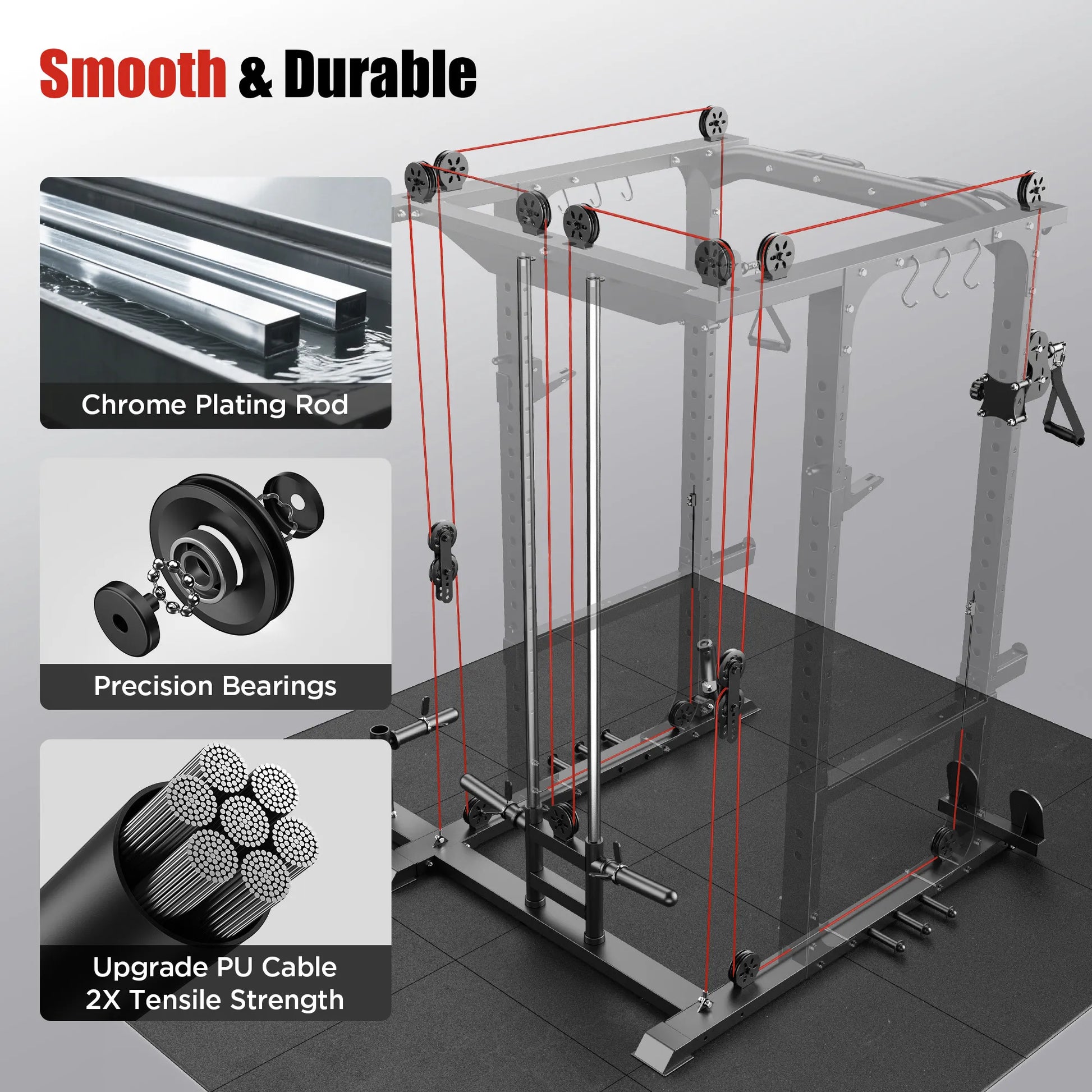 Gym power rack with highlighted components on a gray background