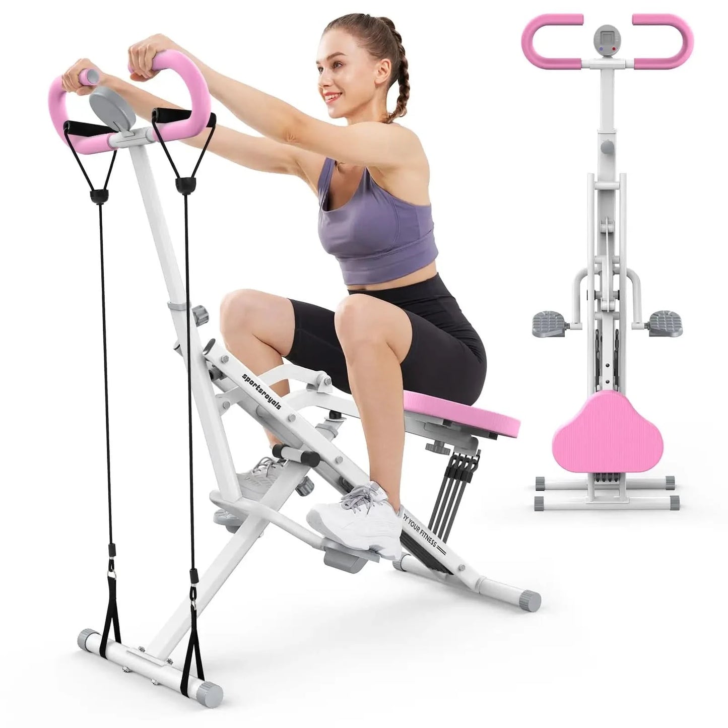 Woman using a pink and white exercise machine on a white background