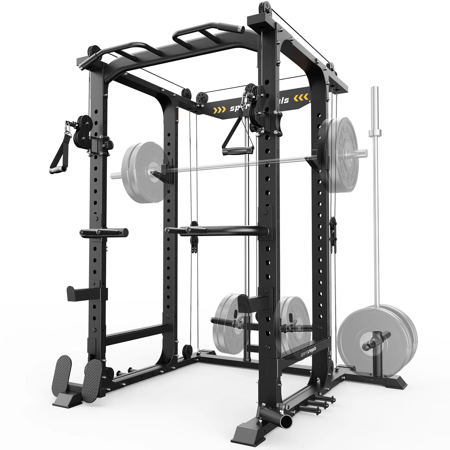 Black power rack with weight plates and barbell on a white background