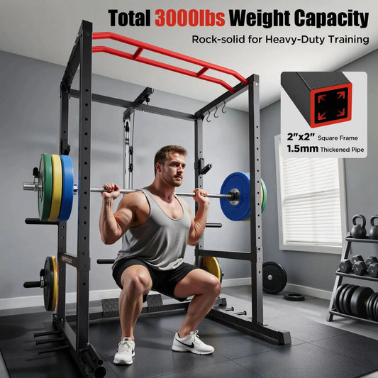 Man lifting weights on a squat rack with 3000lbs capacity label