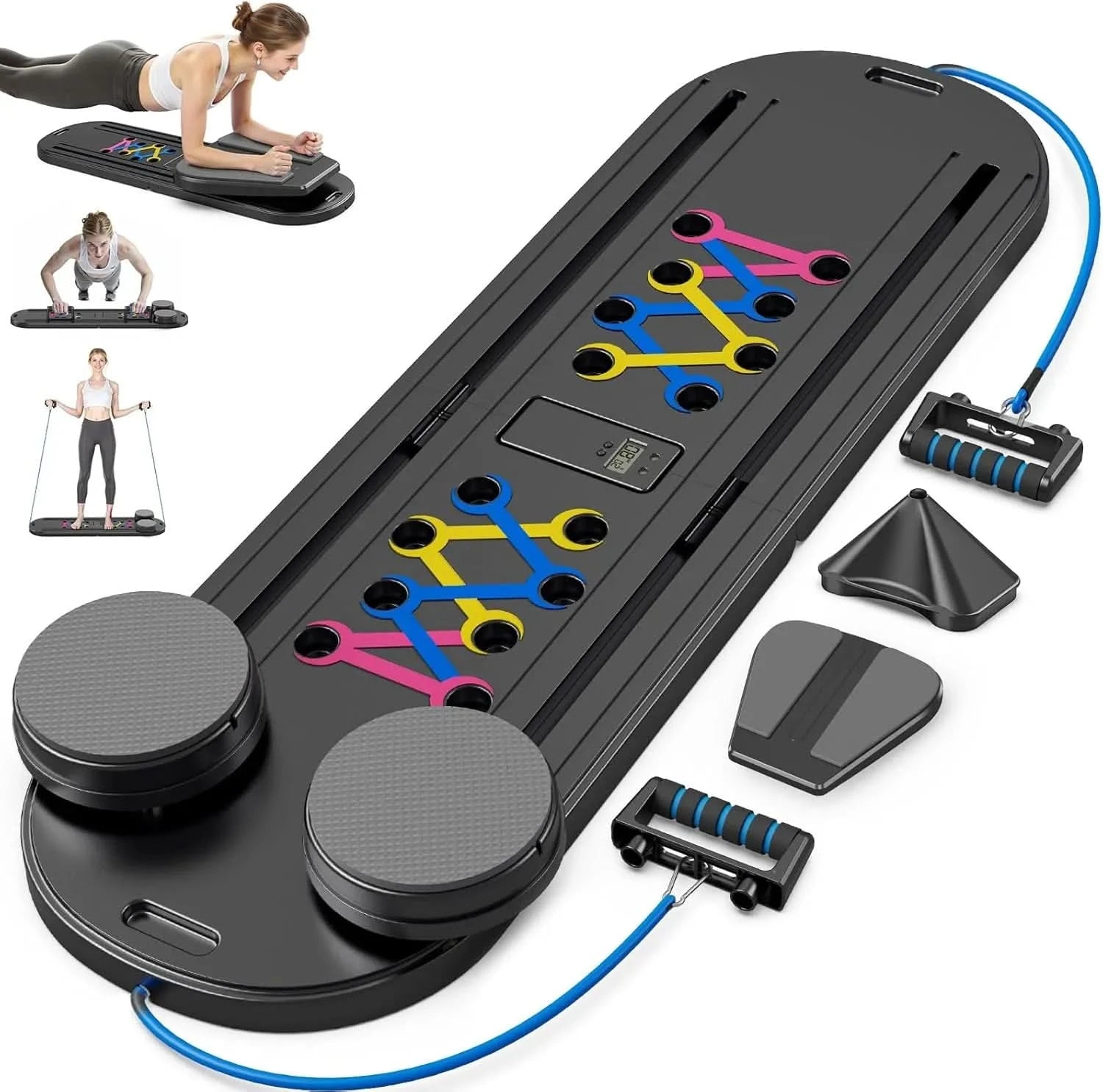 Multifunctional fitness device with various attachments on a white background