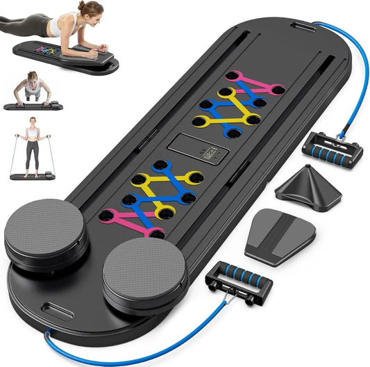 Multifunctional fitness device with various attachments on a white background