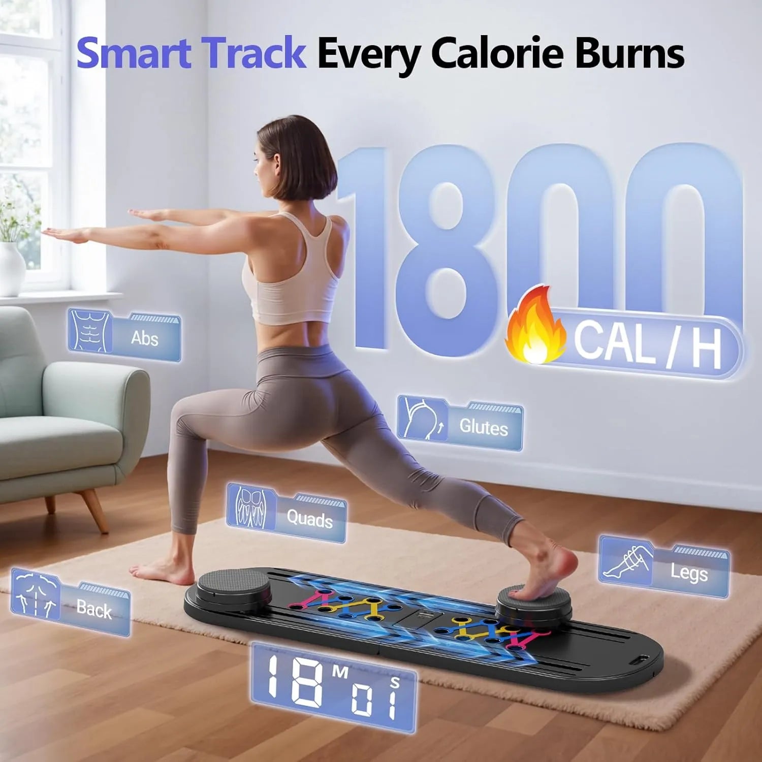 Woman exercising on a smart fitness board with calorie burn graphics in a living room.