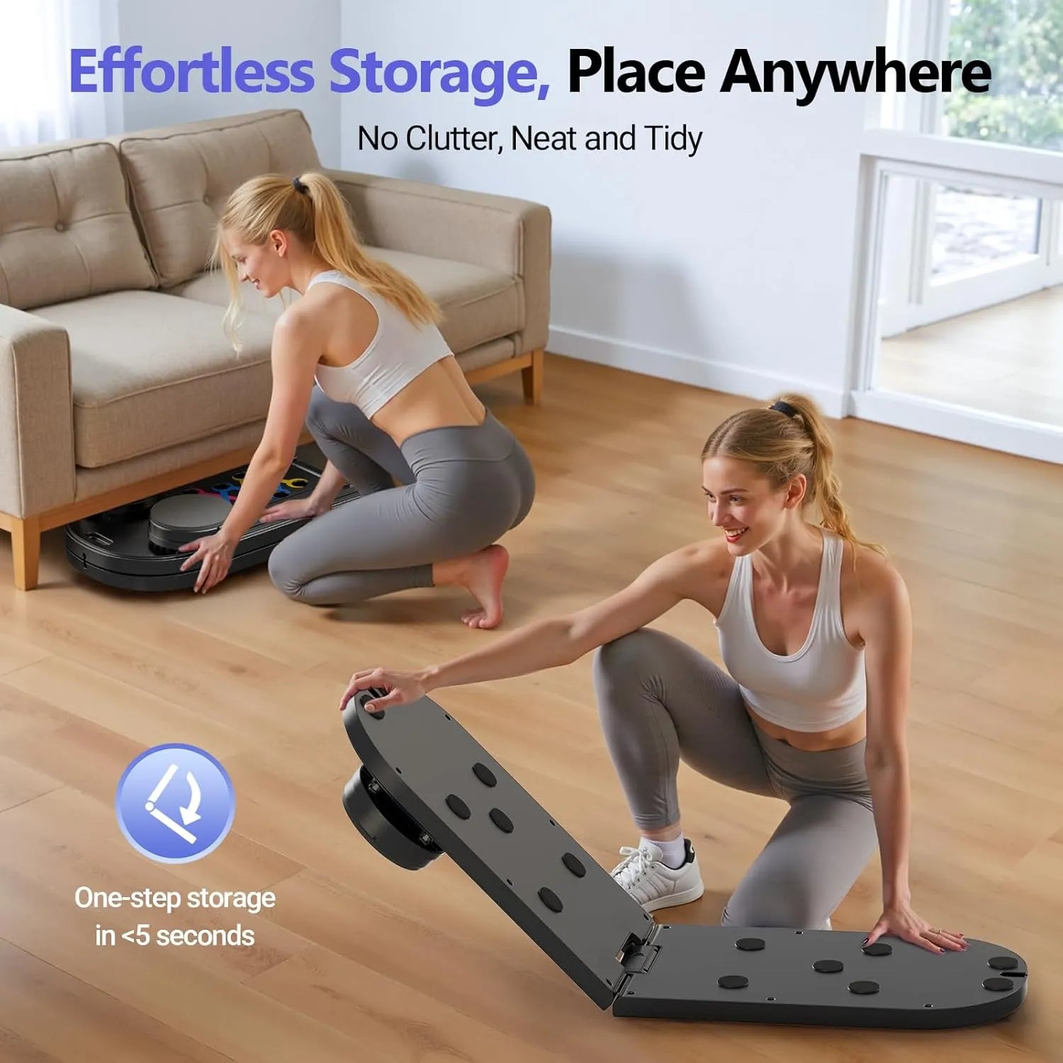 Woman folding a portable exercise board in a living room with text highlighting ease of storage.