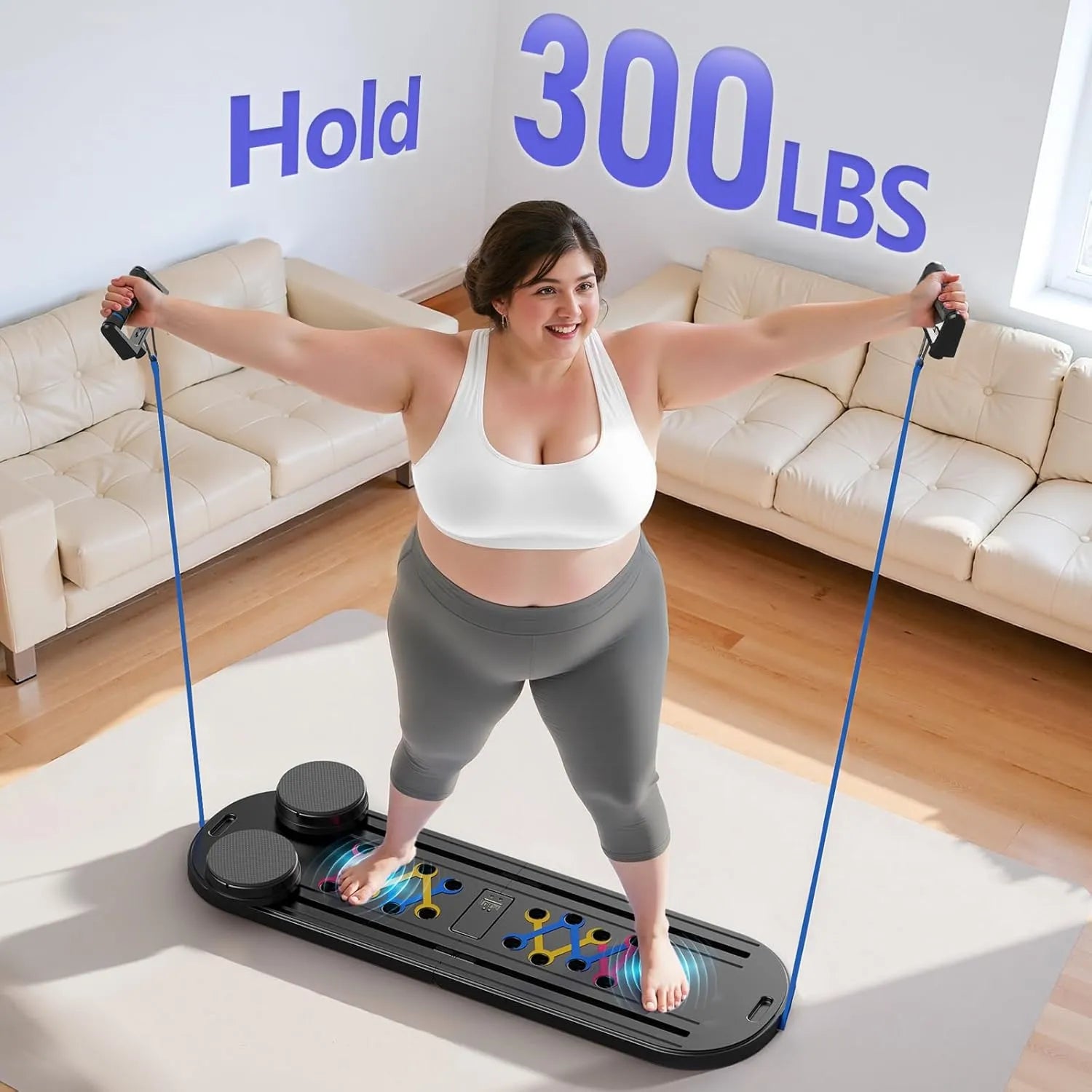 Woman using a fitness platform with resistance bands in a living room setting, holding '300 LBS' text.