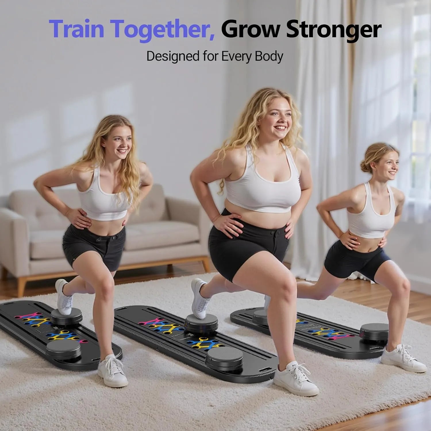 Three women exercising on step platforms in a living room setting with text 'Train Together, Grow Stronger'.