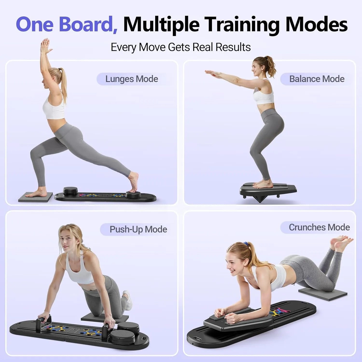Woman using a fitness board in various training modes on a white background