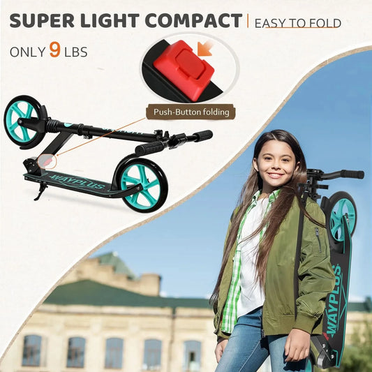 Folding scooter with push-button folding feature, woman holding scooter outdoors.