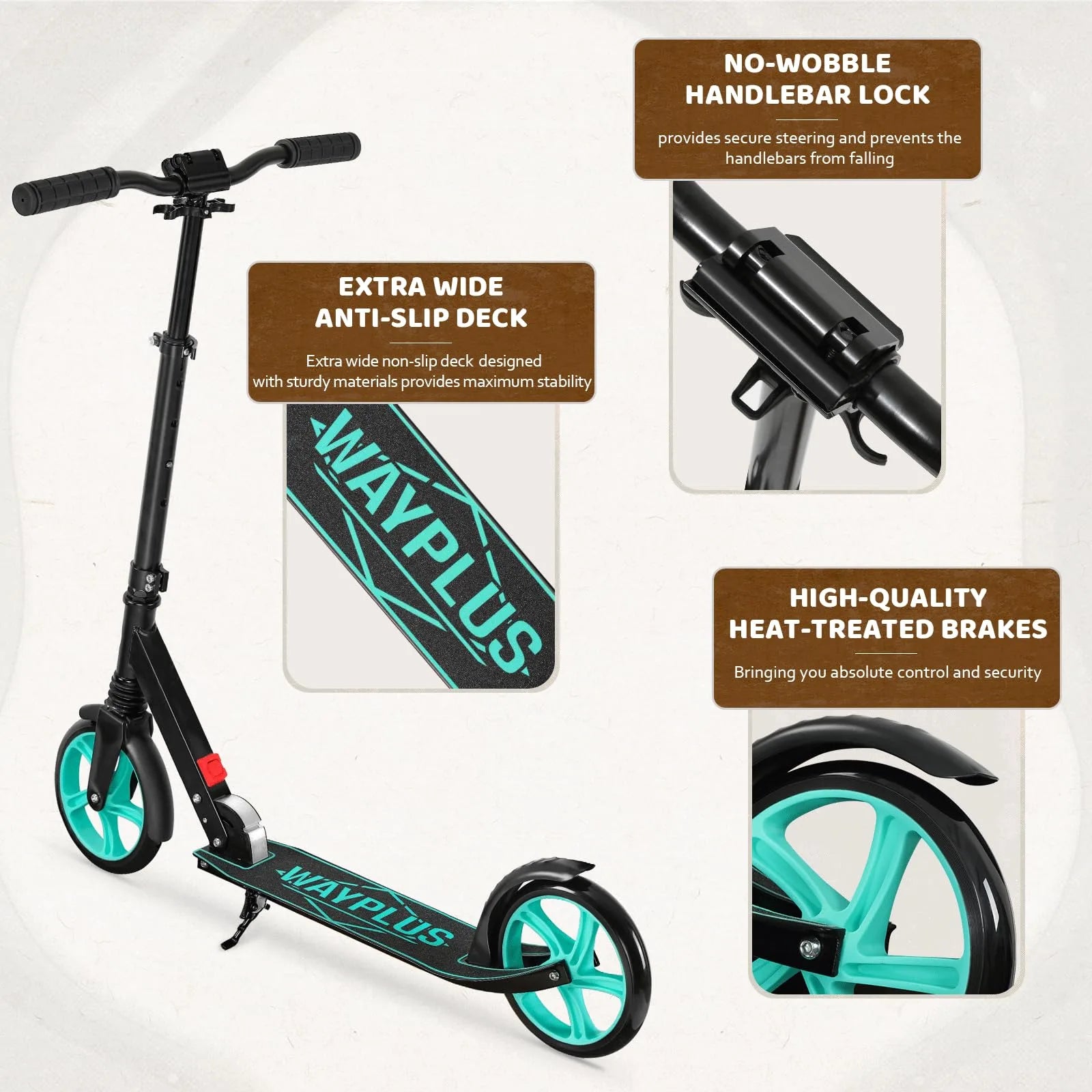 Wayplus scooter with features highlighted on a white background