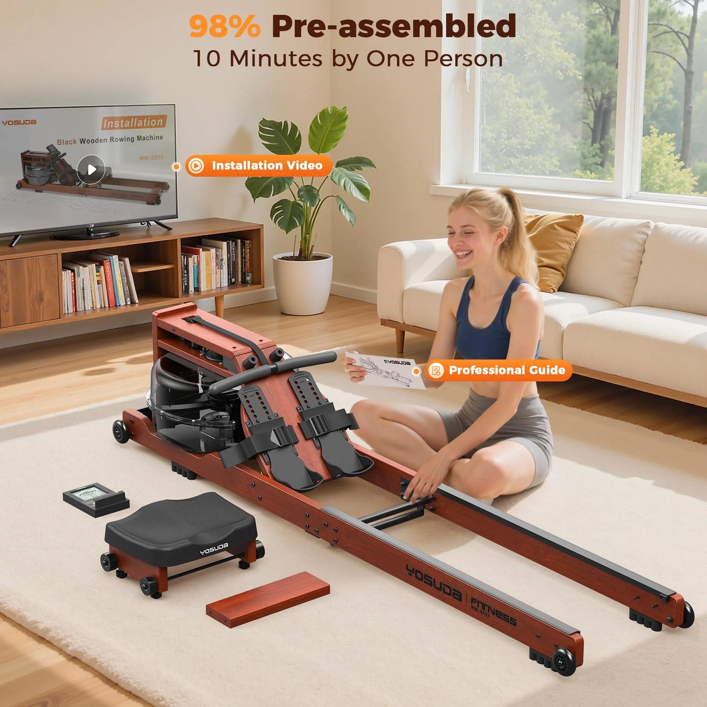 Woman using a rowing machine in a living room with a TV displaying installation videos.