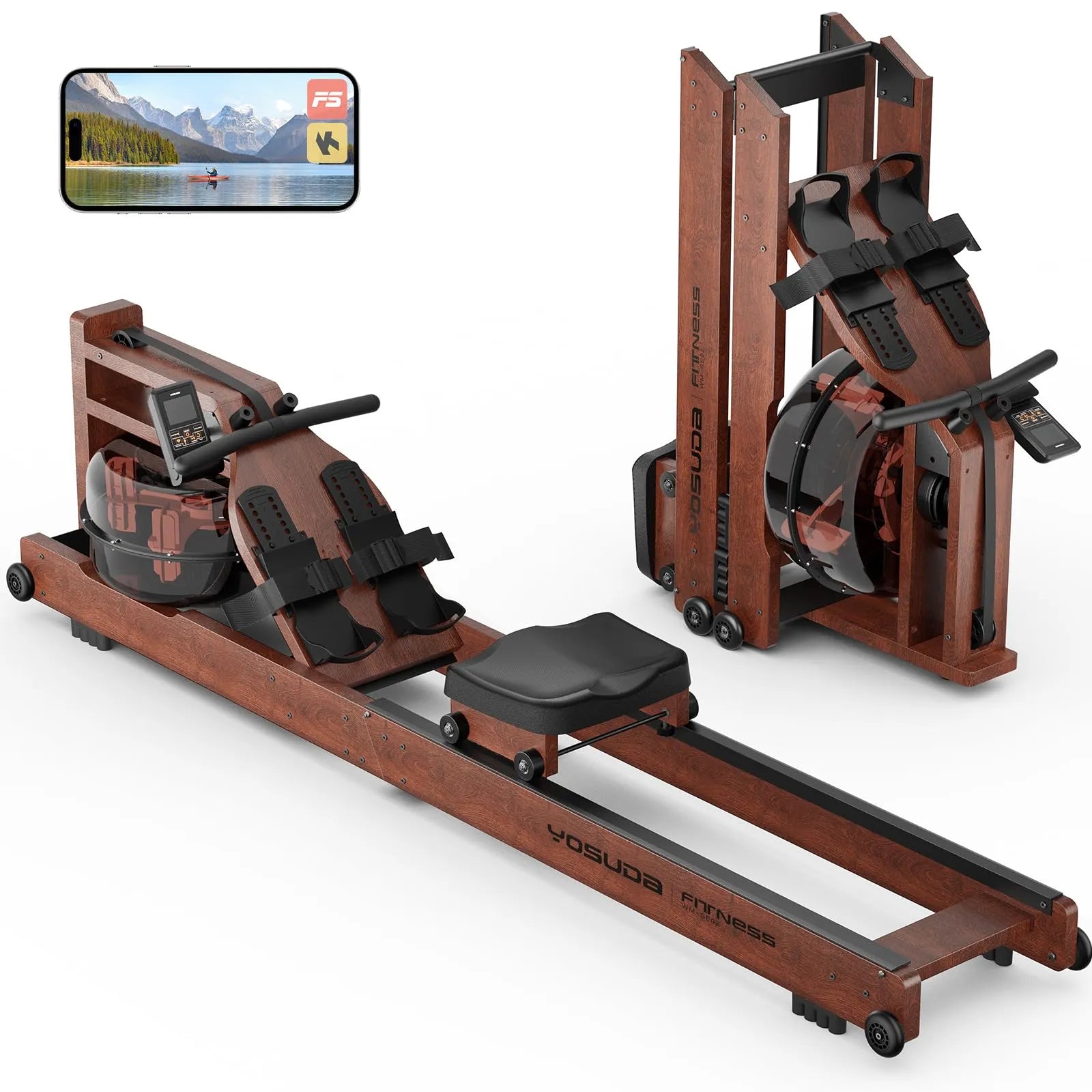 Rowing machine with a smartphone displaying a fitness app on a white background