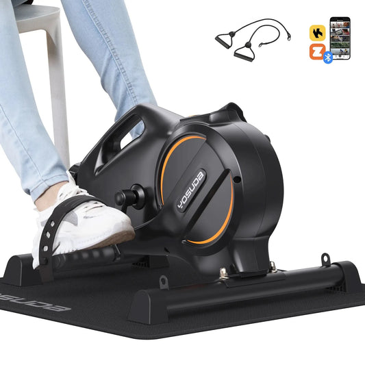 Exercise bike with person using it, featuring wireless earbuds and smartphone app icons on a white background.