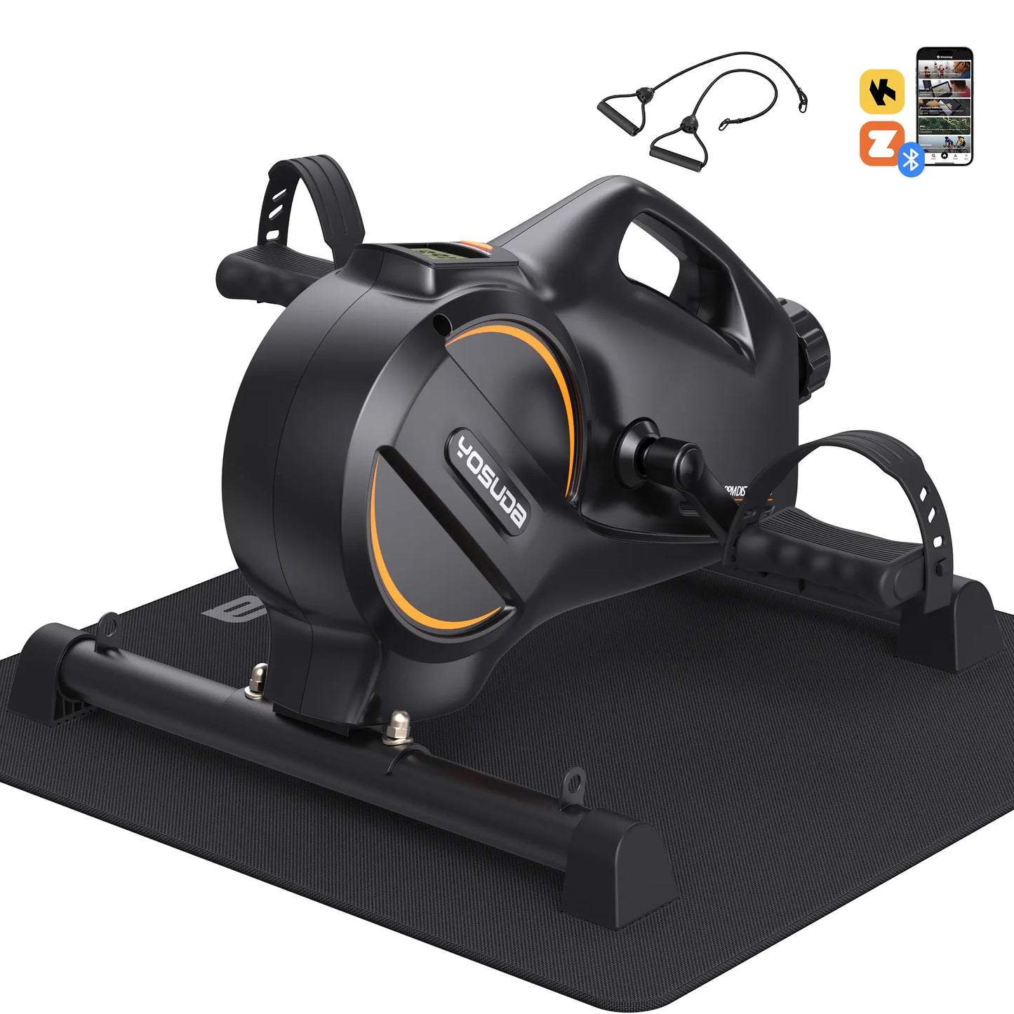YOSUDA exercise bike with black mat on a white background