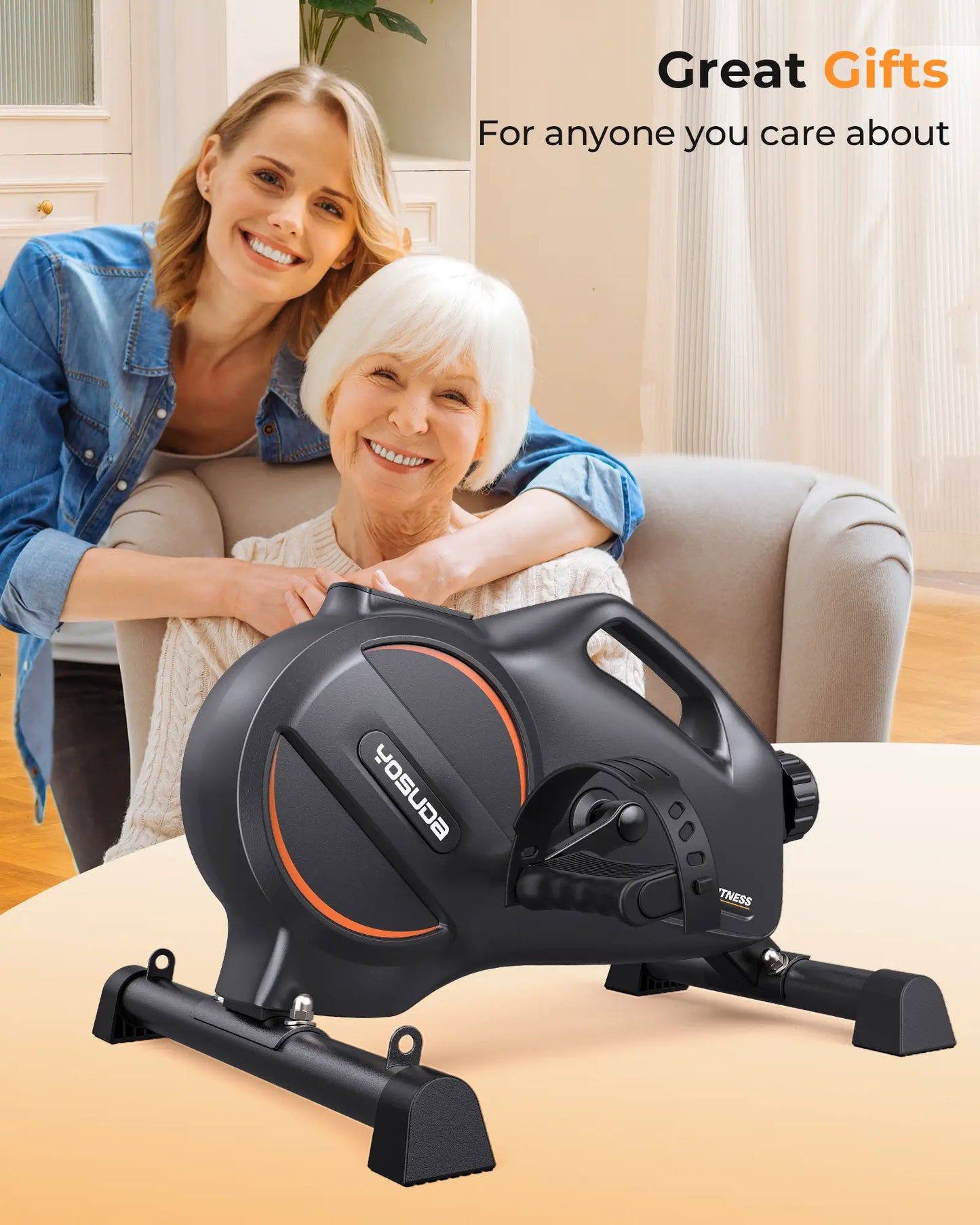 Two women with a Yosuda exercise bike in a home setting, promoting the bike as a gift.