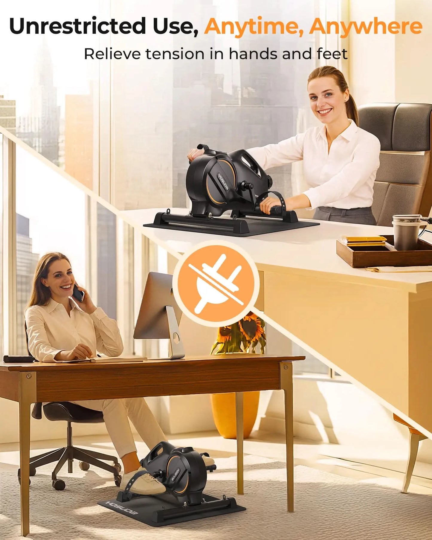 Woman using a hand exerciser at her desk with text about unrestricted use, anytime, anywhere.