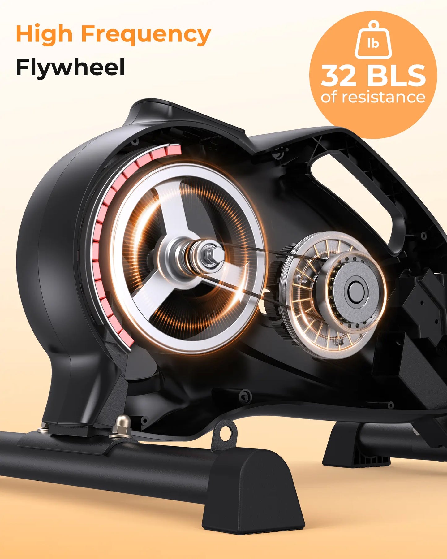 High frequency flywheel with resistance rating on a beige background