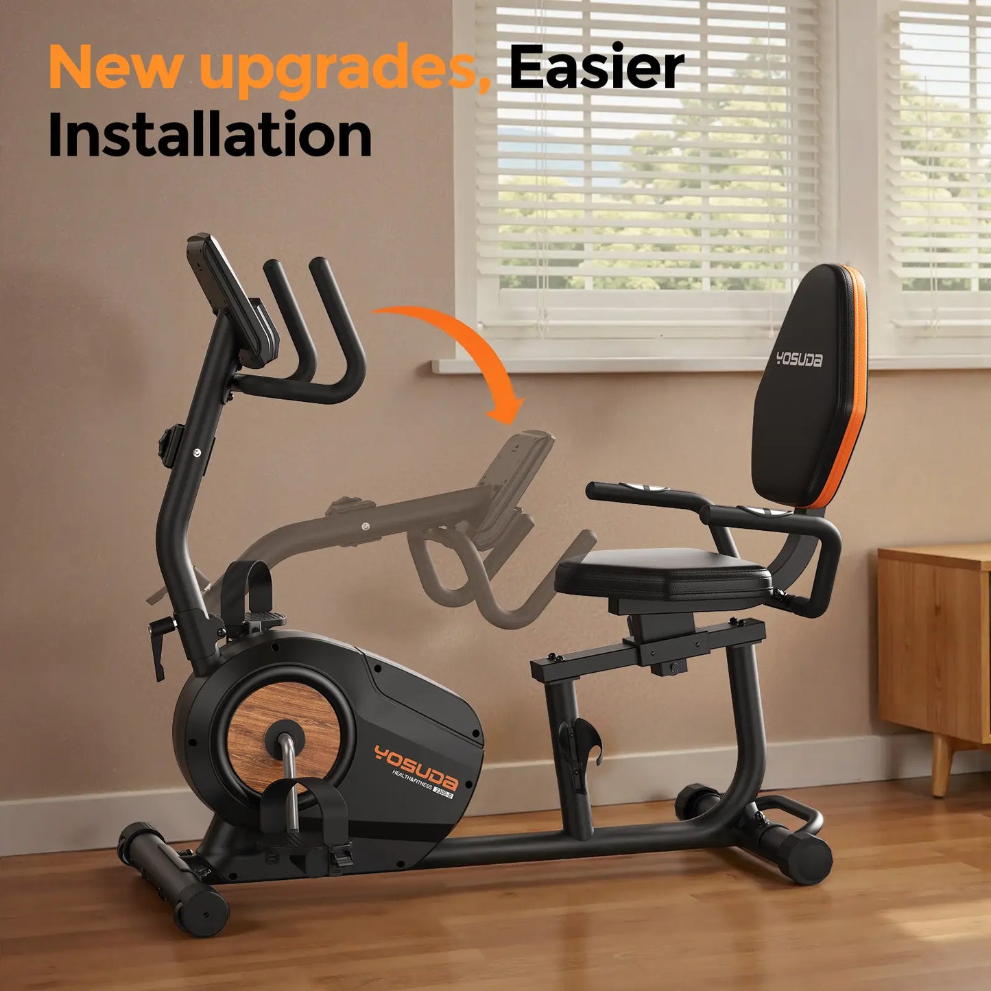 Yoseg bike with recline feature in a home setting, highlighting new upgrades and easier installation.