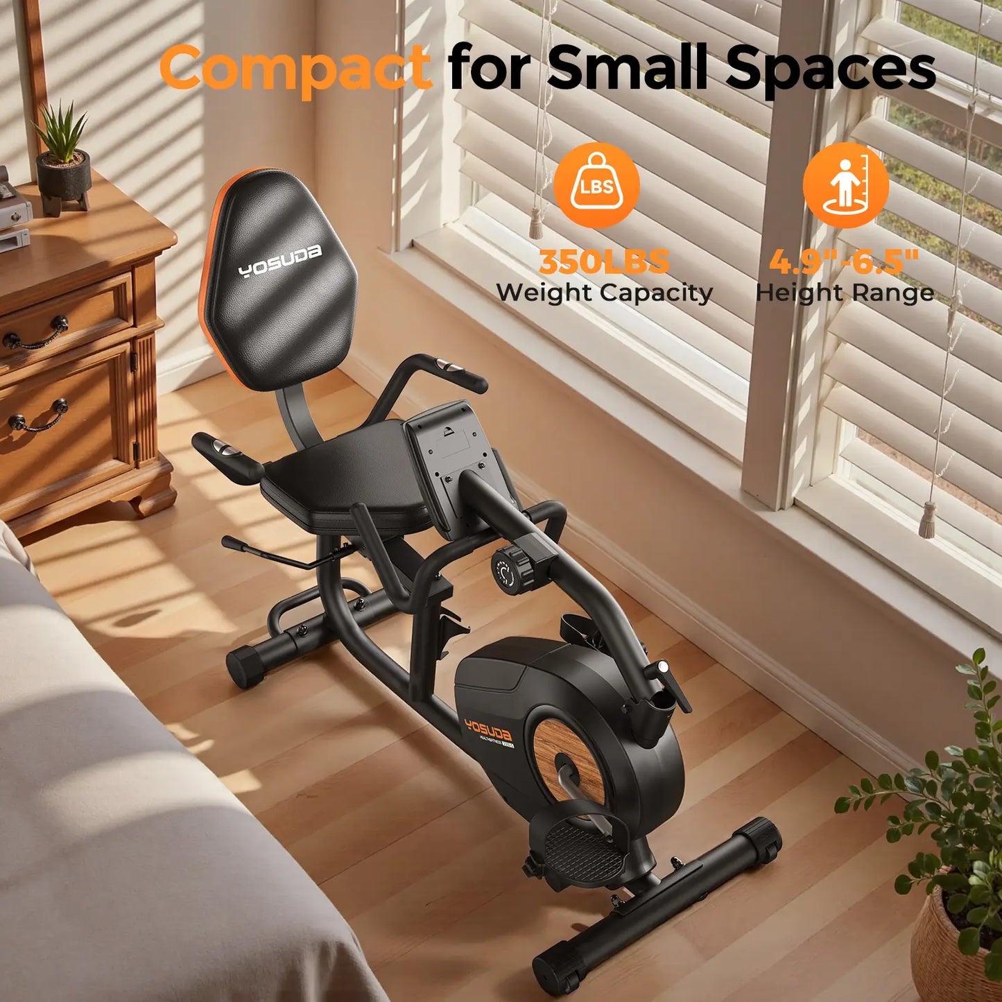 Yosuda exercise bike in a bedroom with text highlighting features