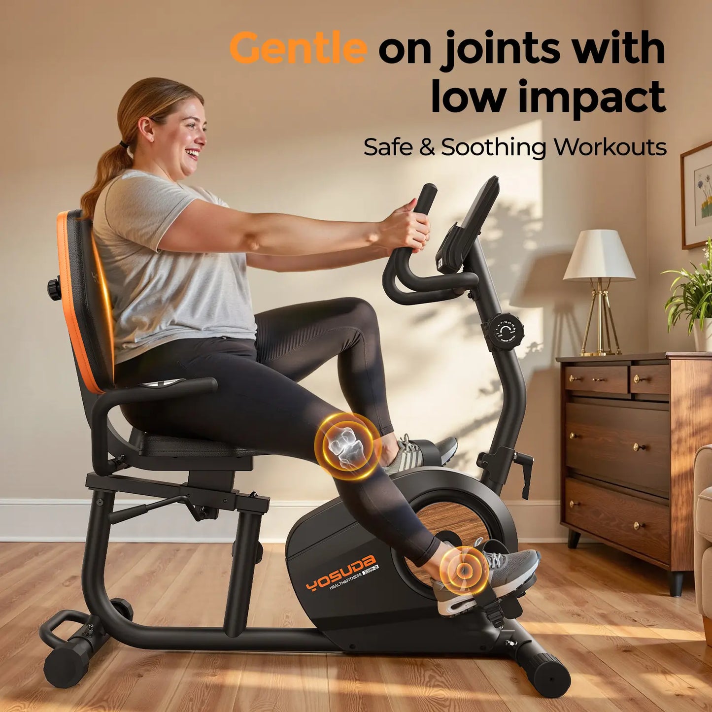 Woman exercising on a Yosuda exercise bike in a home setting with text about joint-friendly workouts.
