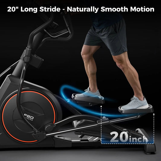 Person using an elliptical machine with text highlighting '20” Long Stride - Naturally Smooth Motion'.