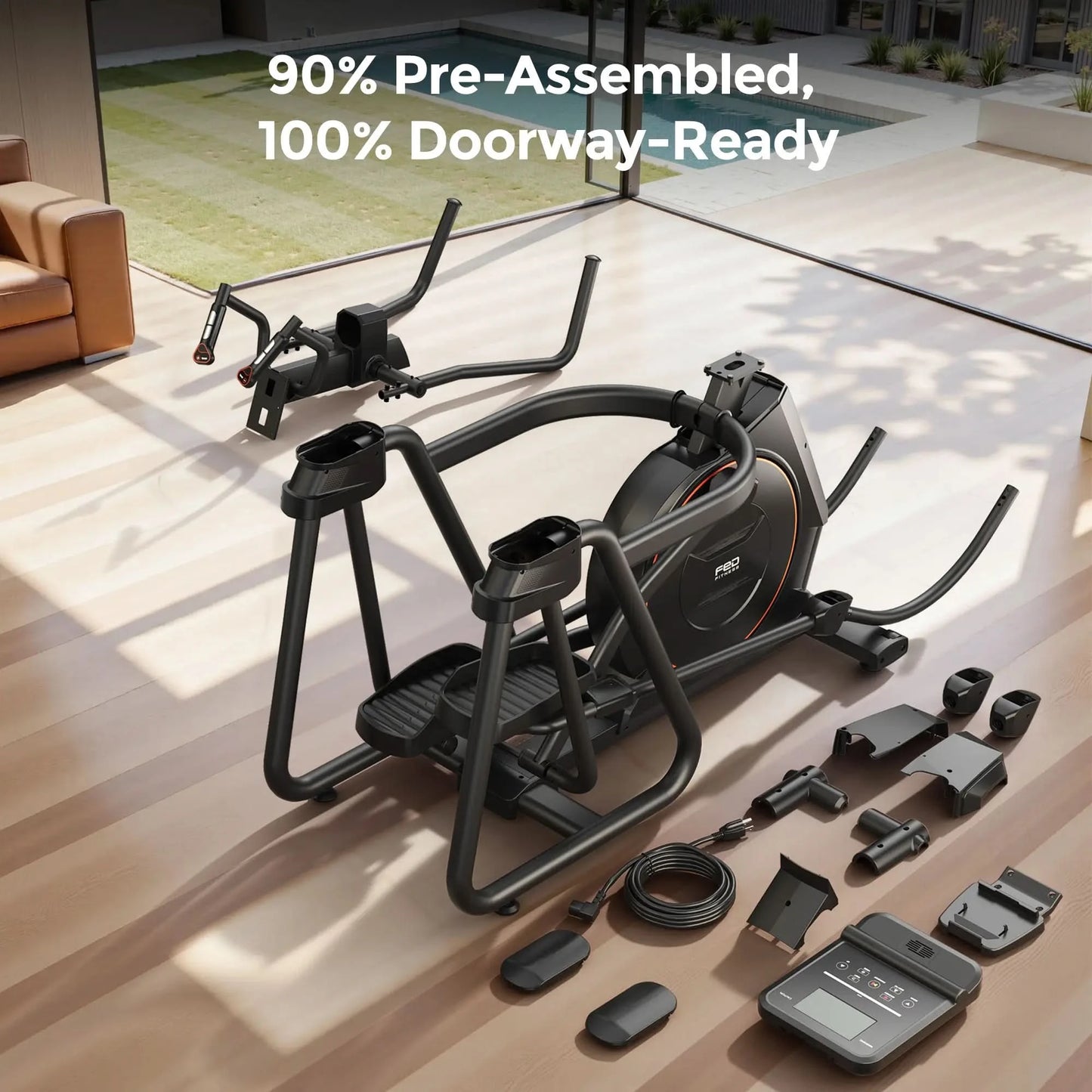 Home exercise equipment with pre-assembled parts on a wooden floor.