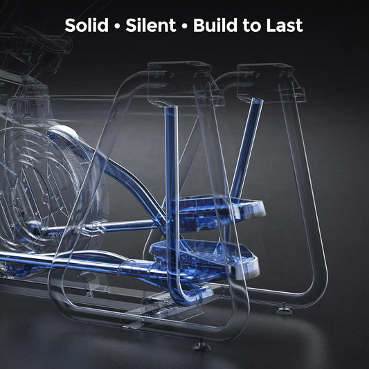 Transparent mechanical model with blue highlights on a dark background, featuring text 'Solid • Silent • Build to Last'.