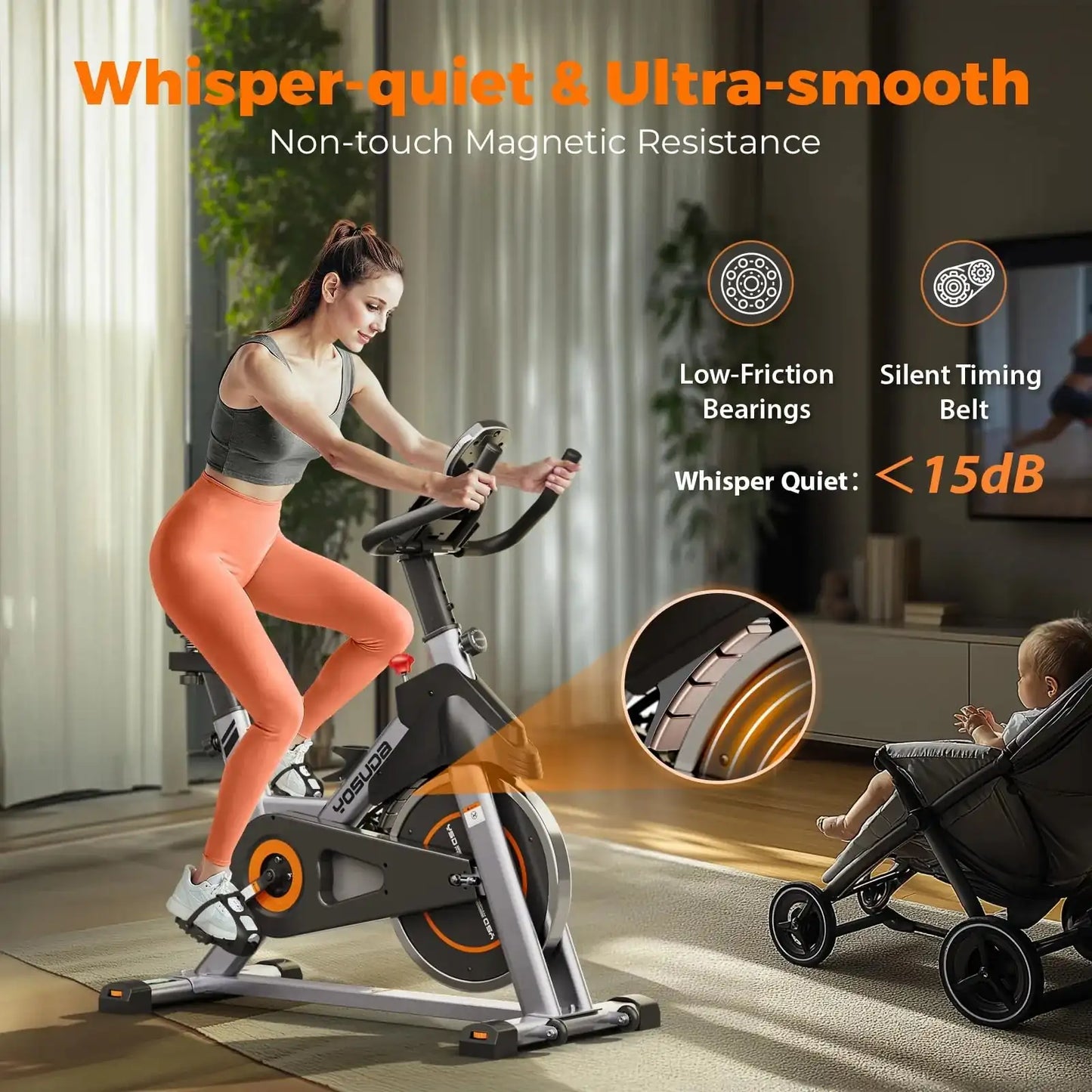Woman exercising on a stationary bike in a living room with text highlighting features like whisper-quiet and ultra-smooth.