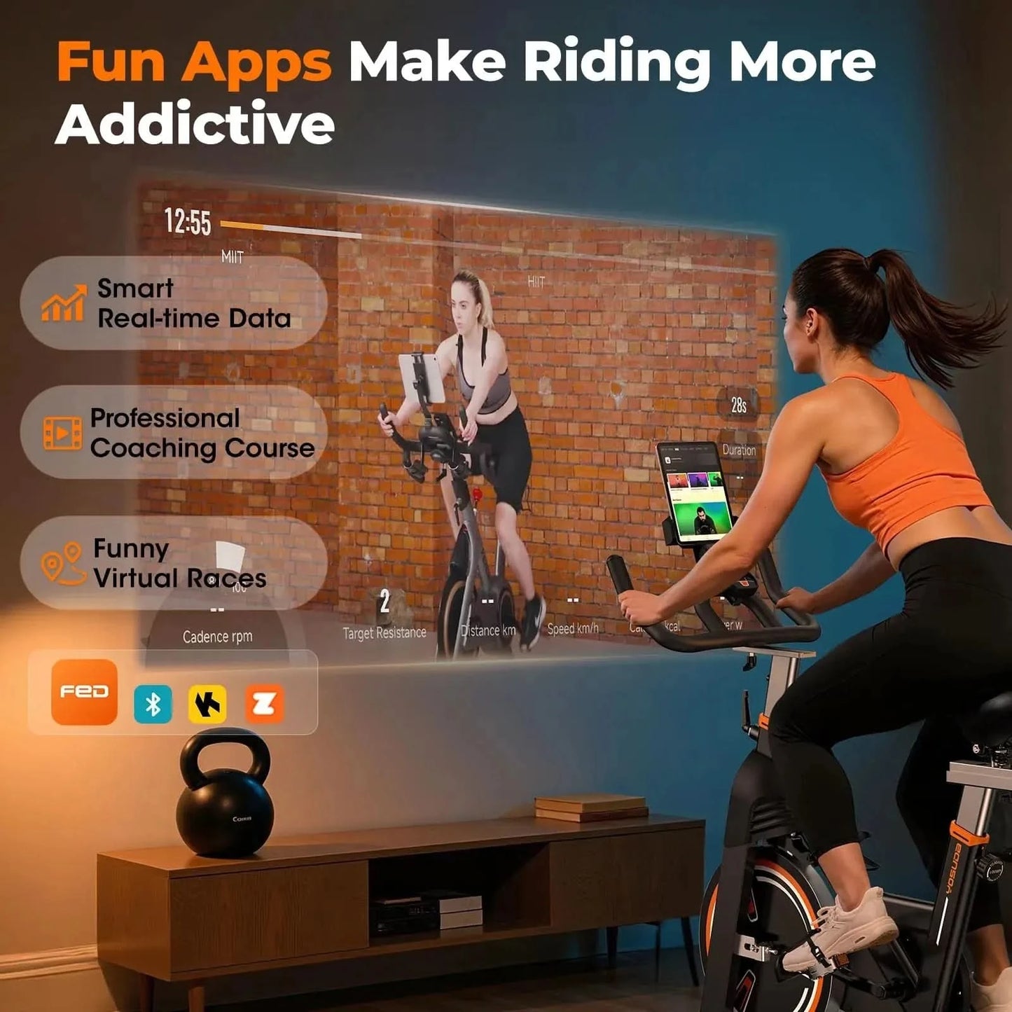 Woman exercising on a bike with a screen displaying virtual training content in a home setting.