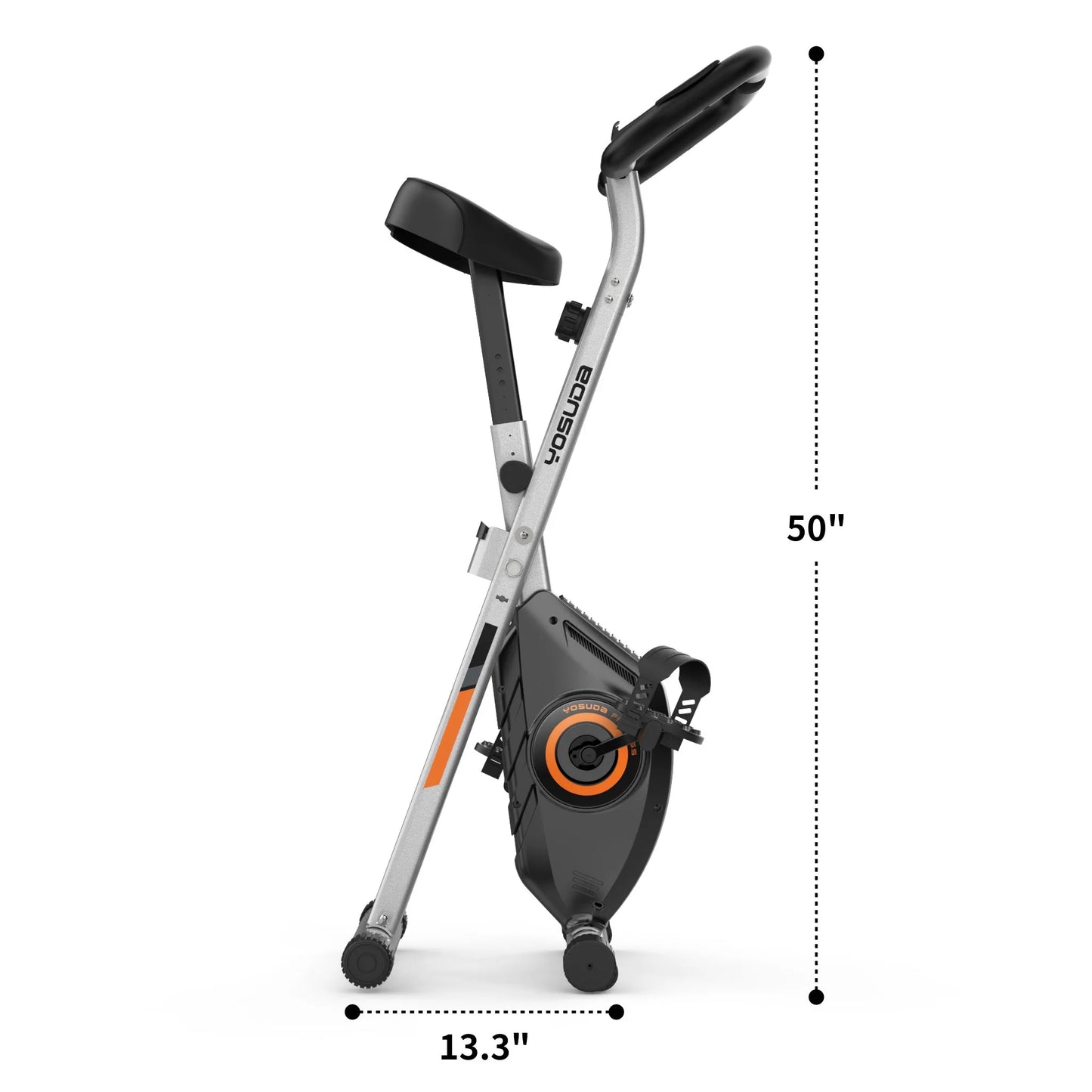 Portable exercise bike with dimensions labeled on a white background