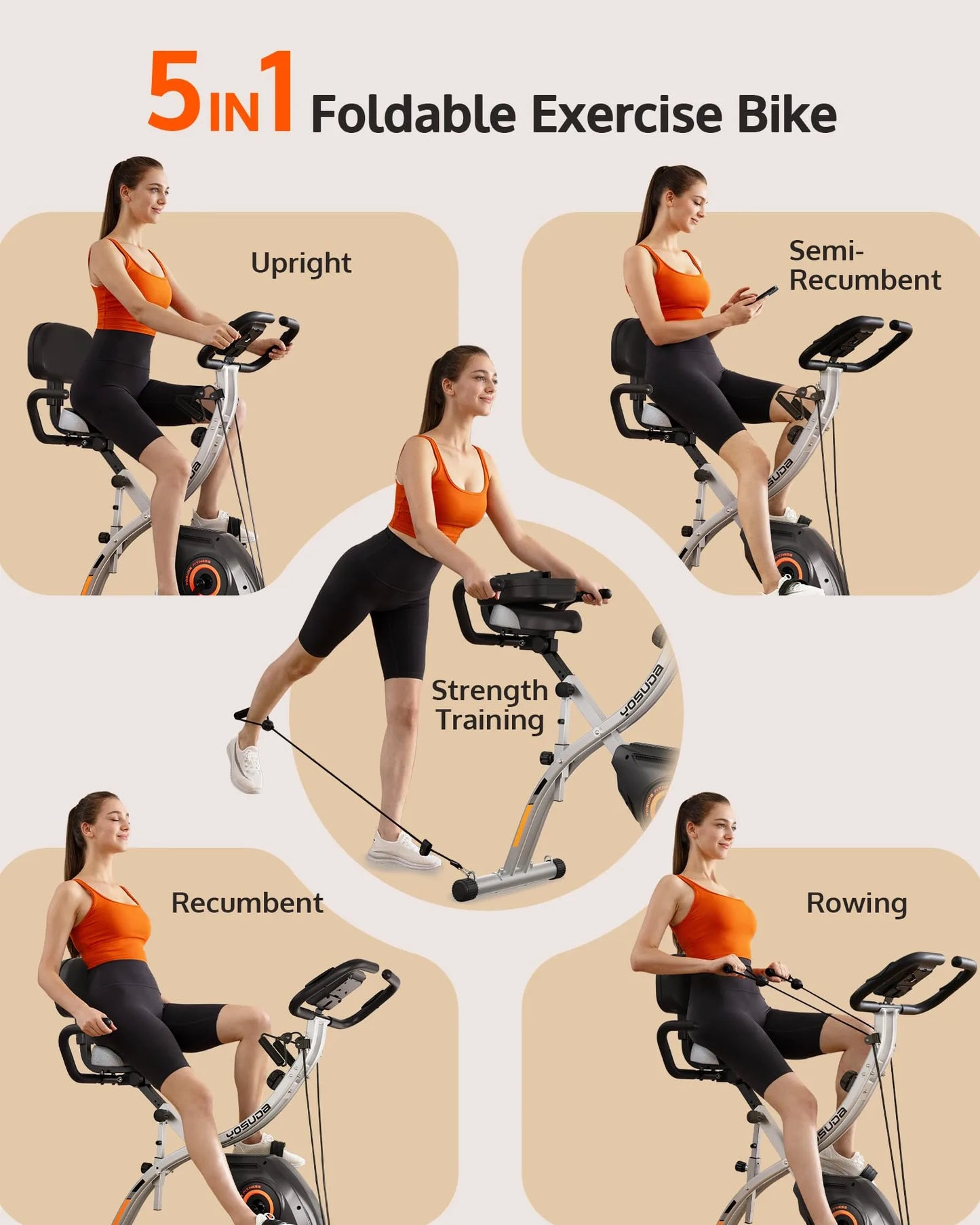 5-in-1 foldable exercise bike with various usage positions on a beige background