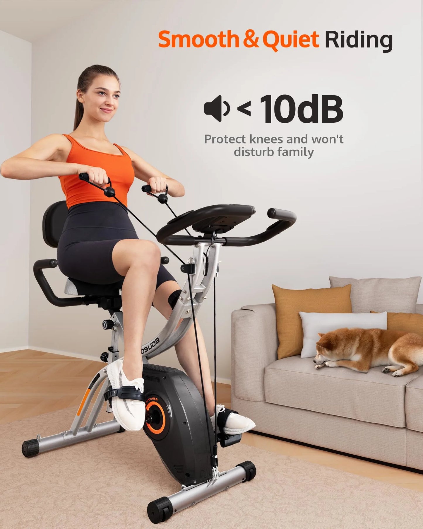 Woman exercising on a stationary bike in a living room with a dog and couch.