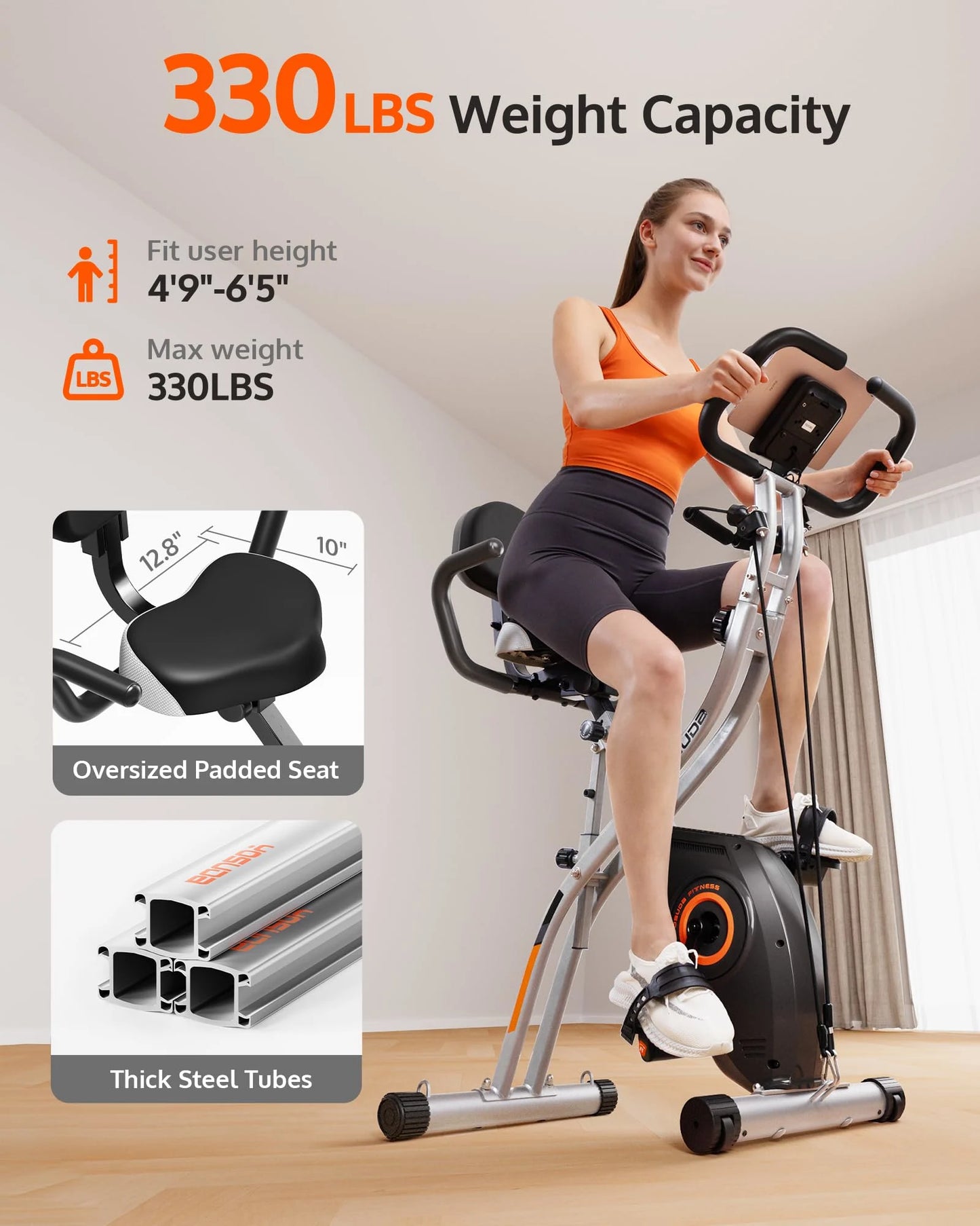 Woman exercising on a stationary bike with product features highlighted