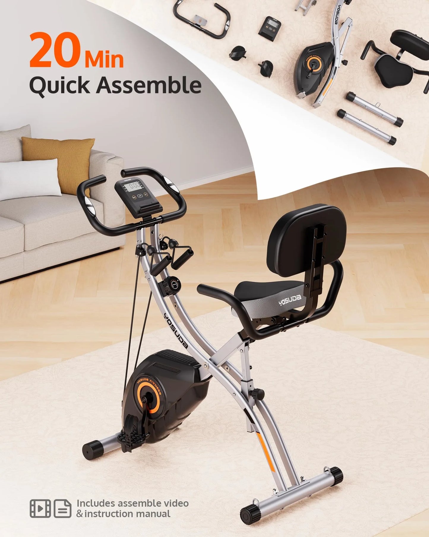 Home exercise bike with assembly instructions and parts on a wooden floor.