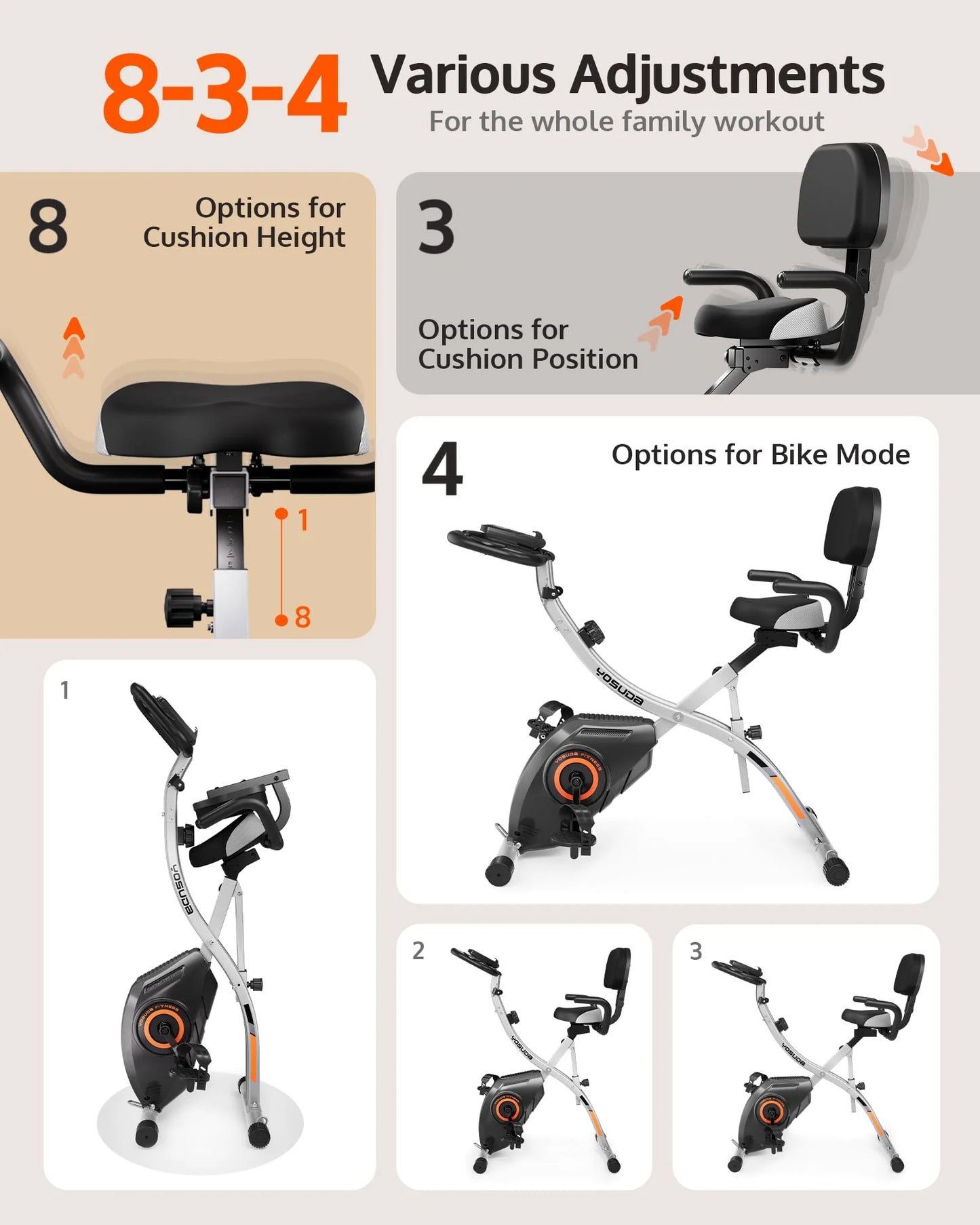 Exercise bike with adjustable features for family use on a beige background