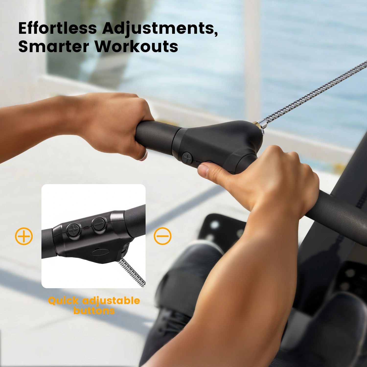 Person using a rowing machine with quick adjustable buttons highlighted, set against a blurred indoor setting.