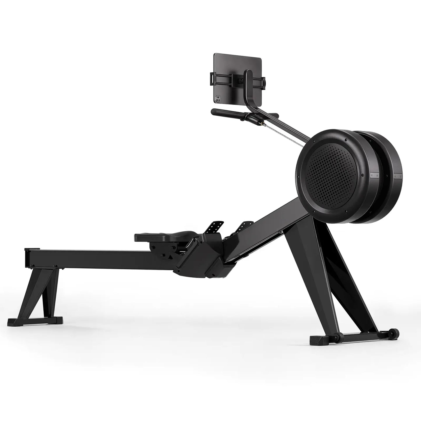 Black rowing machine on a white background