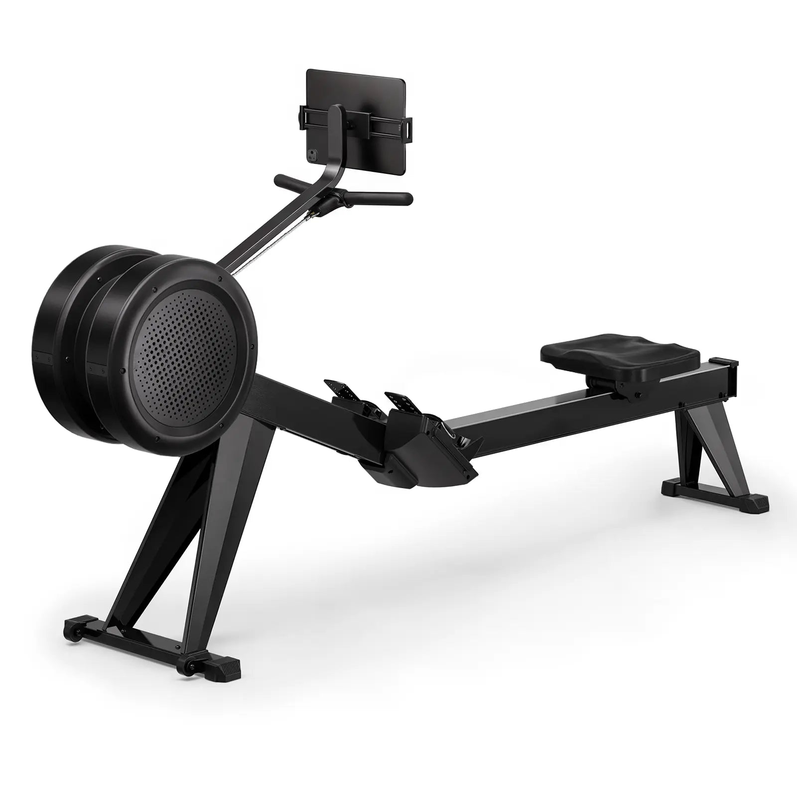 Black rowing machine on a white background