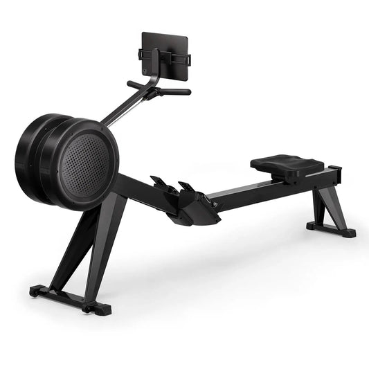 Black rowing machine on a white background