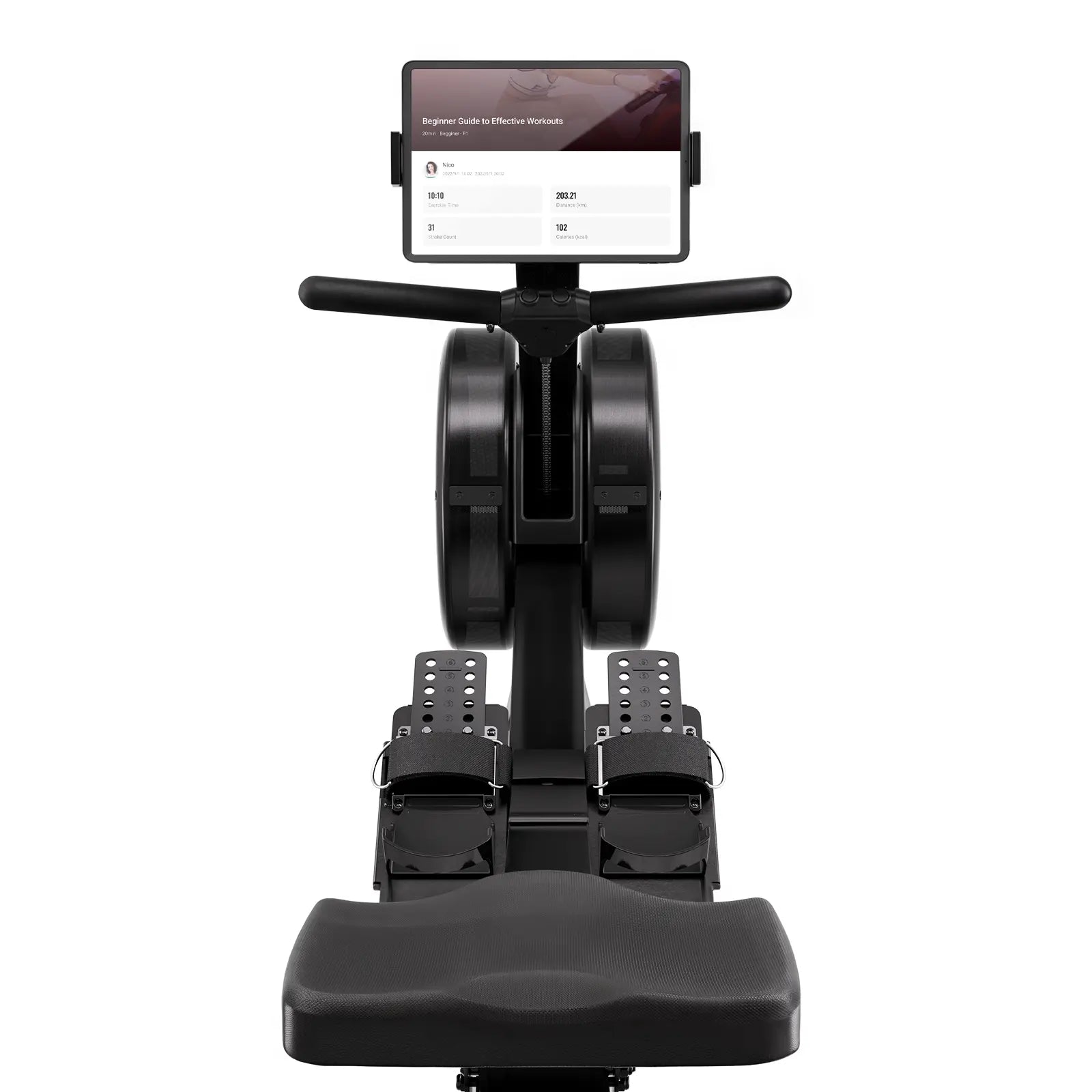 Black rowing machine with digital display on a white background
