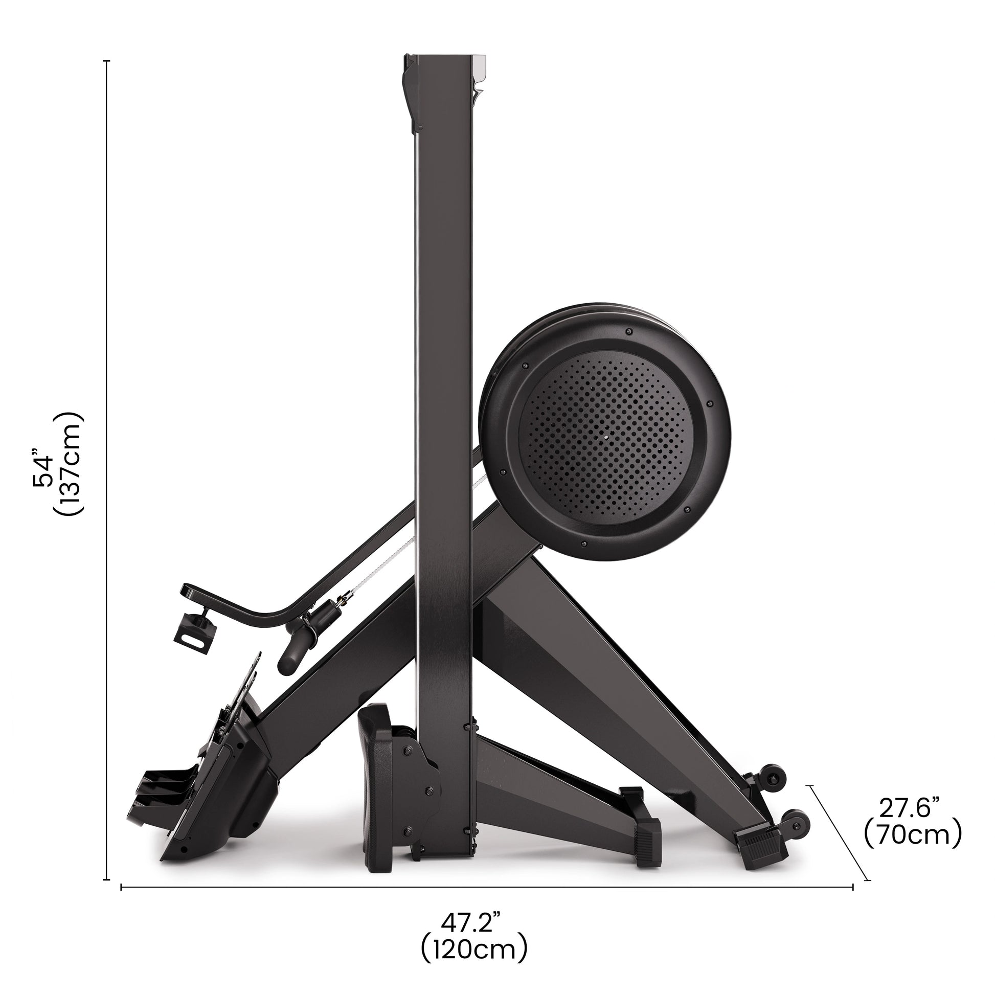 A white-background image showing a detached rowing machine stored compactly, with labeled dimensions.