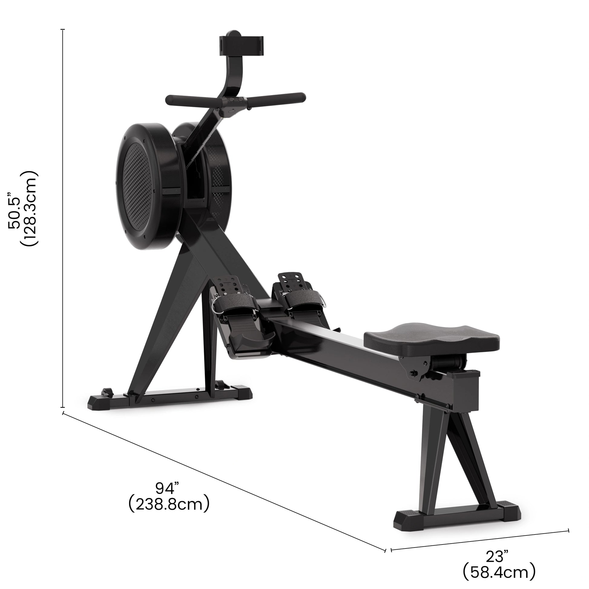 Rowing machine with dimensions labeled on a white background