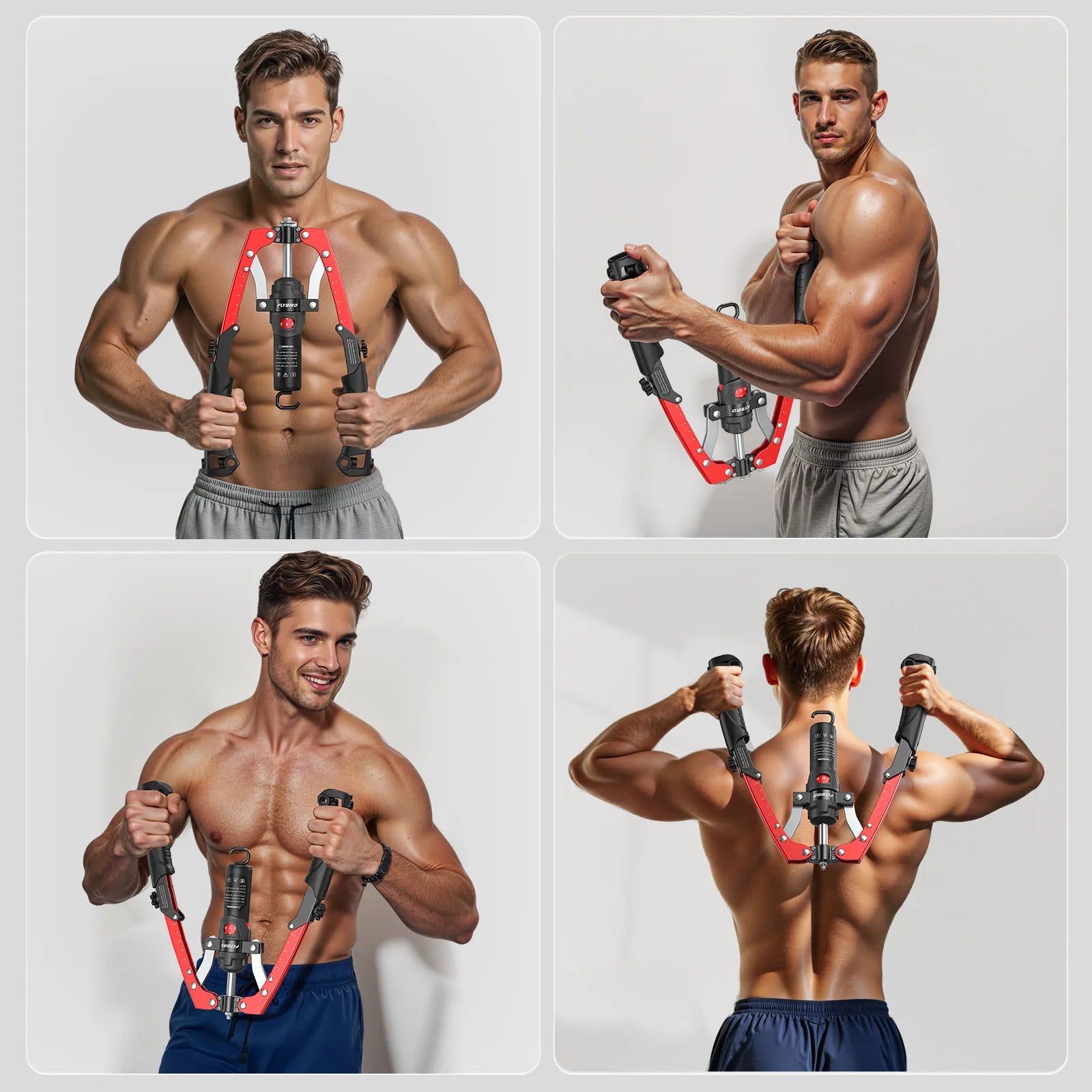 Man using a shoulder exercise machine in various poses on a gray background