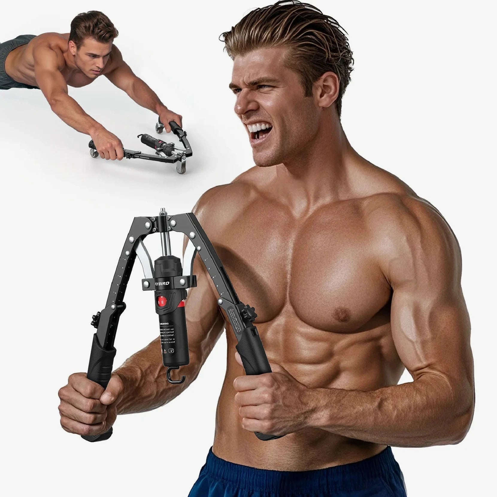 Muscular man holding a black twister tranier with inset showing another person using it.