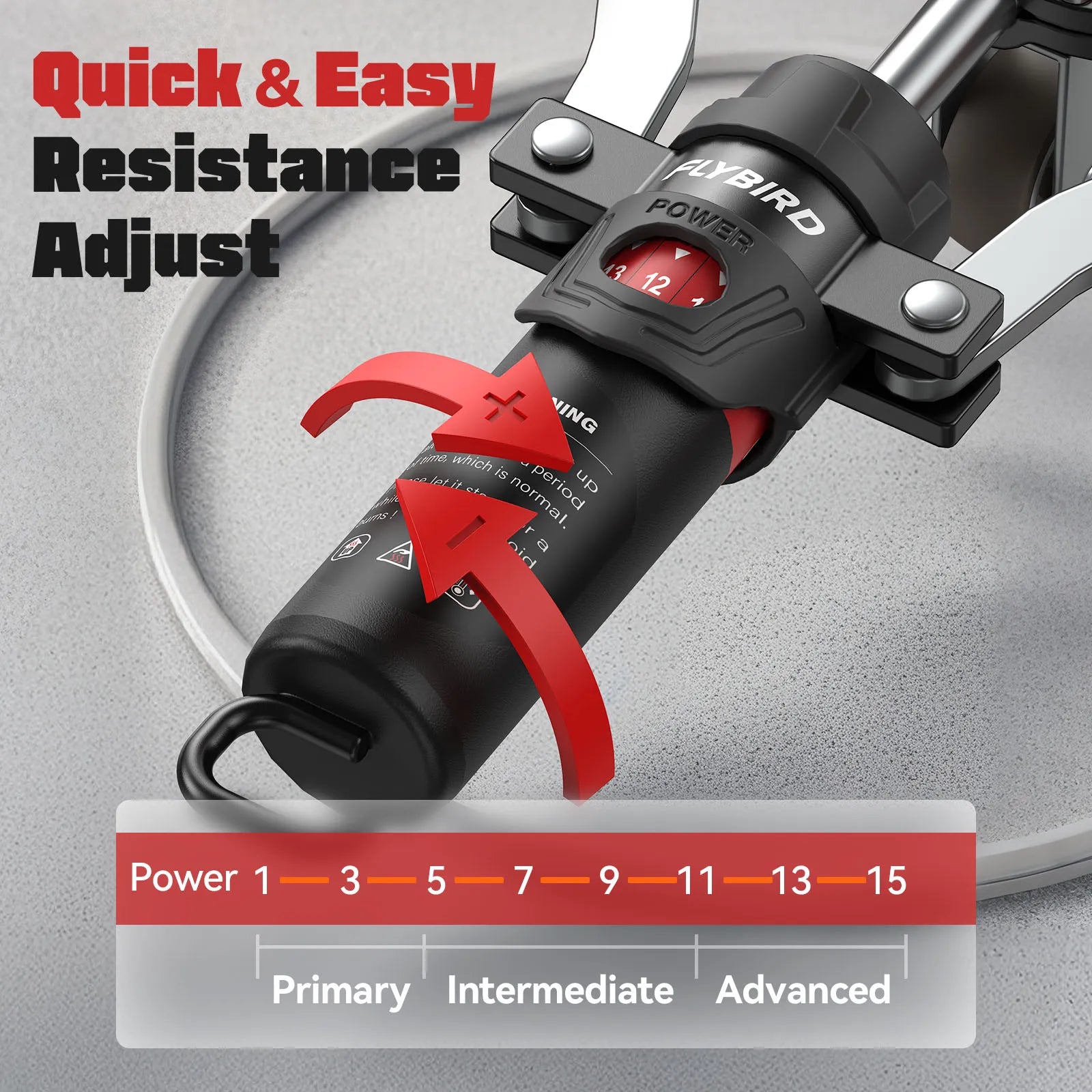Power handle with resistance adjustment feature on a gray background