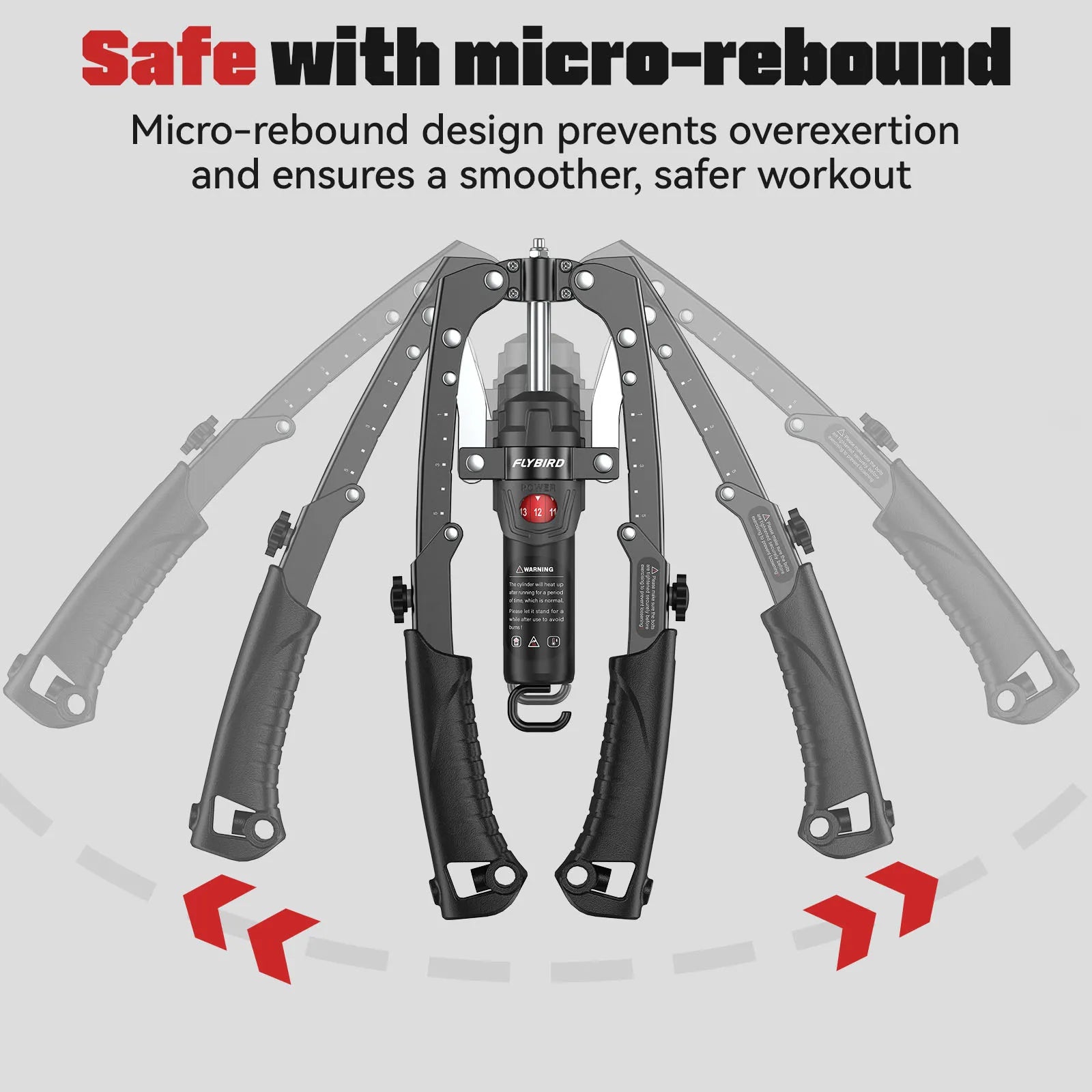 Black exercise device with text about micro-rebound design on a gray background