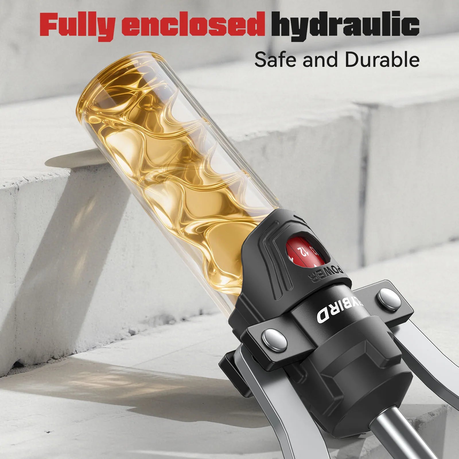 Fully enclosed hydraulic system with gold fluid and black valve on a white background