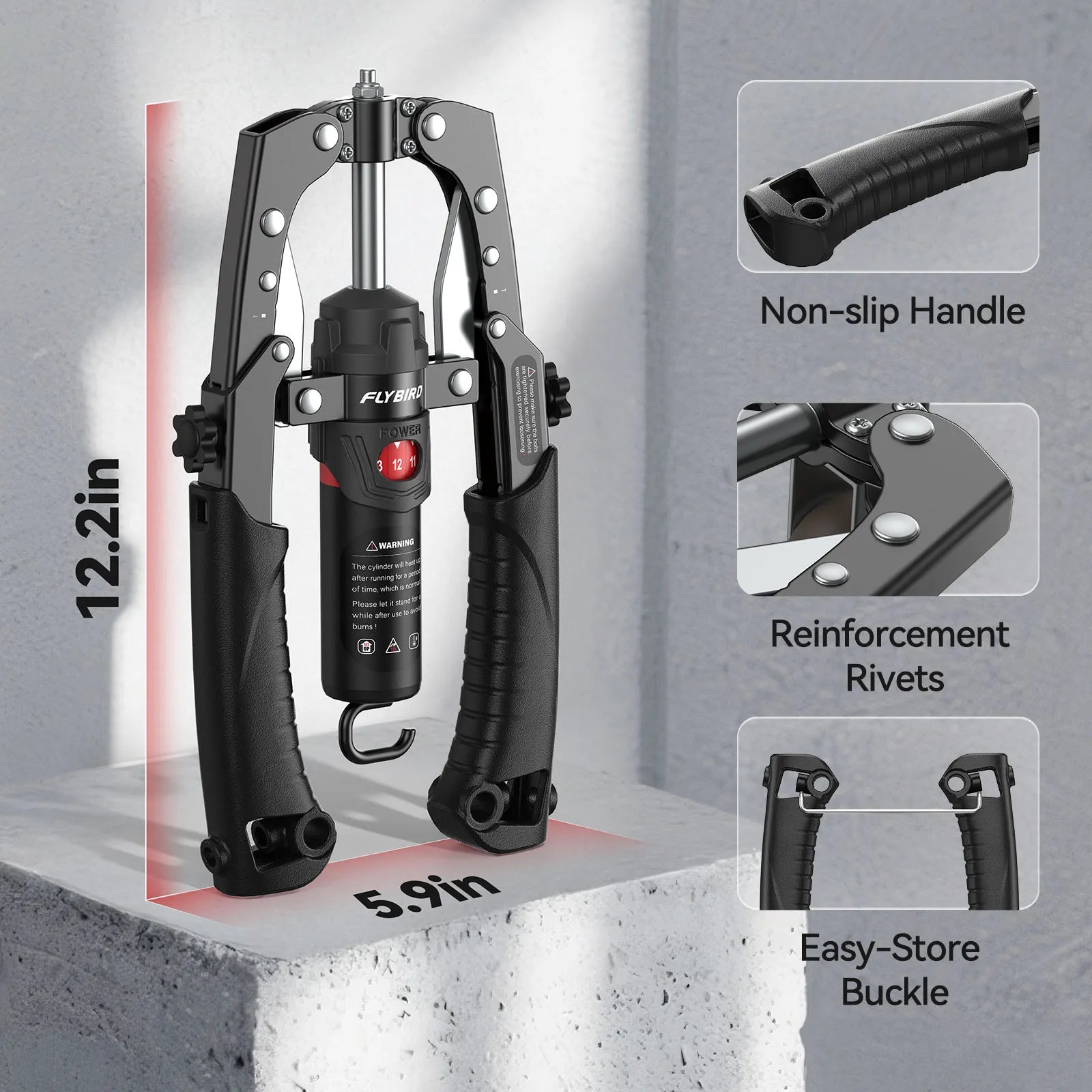 Black tool with features highlighted on a gray background